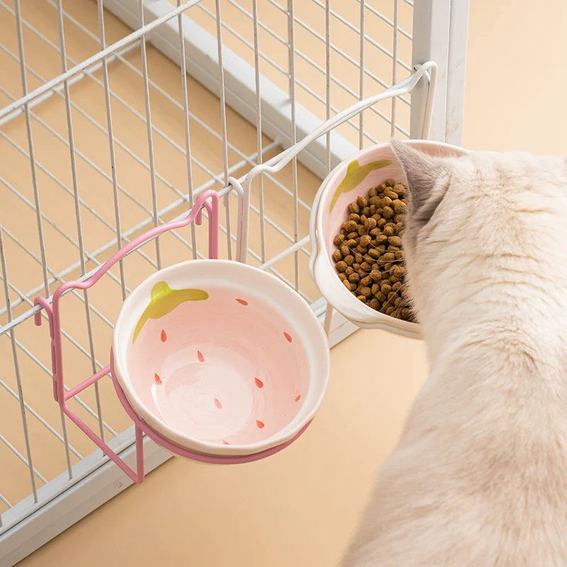 Tigela de cerâmica para gatos, gaiola fixa para suspensão, tigela para animais de estimação, tigela fofa para gato, cachorro, anti-queda, comida de gato, tigela para cães