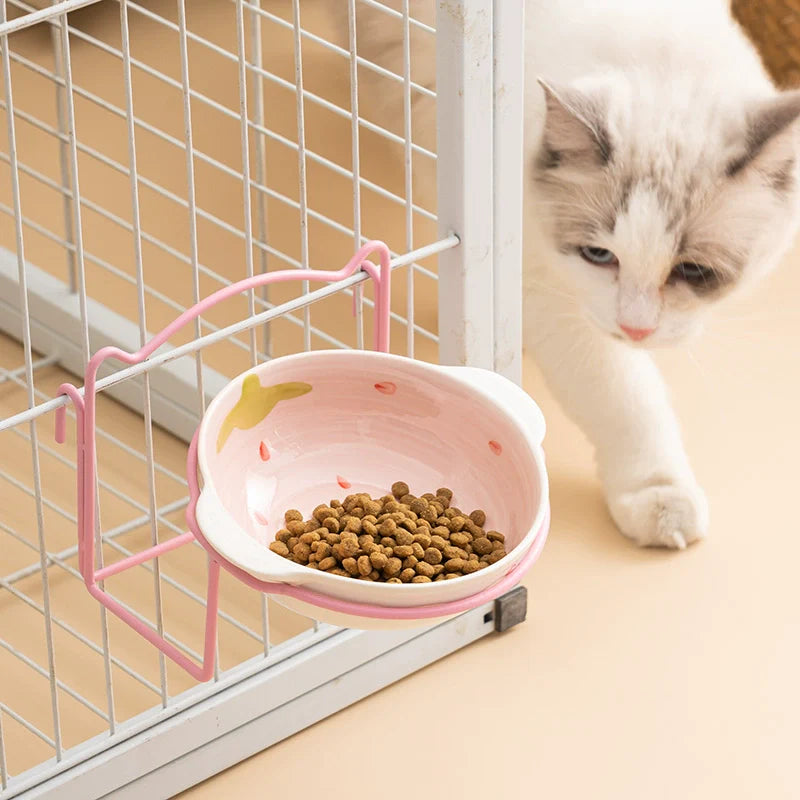 Tigela de cerâmica para gatos, gaiola fixa para suspensão, tigela para animais de estimação, tigela fofa para gato, cachorro, anti-queda, comida de gato, tigela para cães