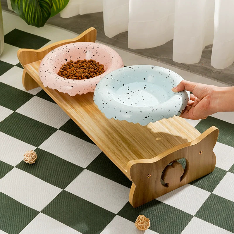 Tigela de cerâmica Jottoss para gatos e cachorros Rack de madeira Prateleira para tigela de pescoço para animais de estimação Tigela de comida para cães e gatos Altura crescente Mesa de jantar Tigela de comida para gatos Tigela dupla Rack tripé alto