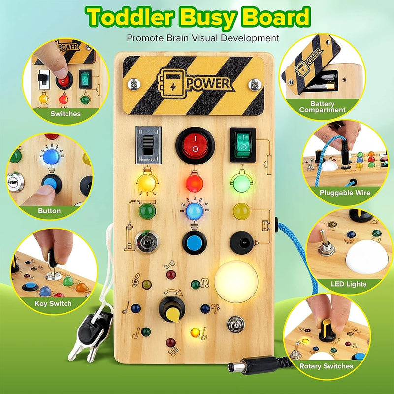 Montessori Busy Board Sensory Toys Wooden With LED Light Switch Control Board Travel Activities Children Games For 2-4 Years Old